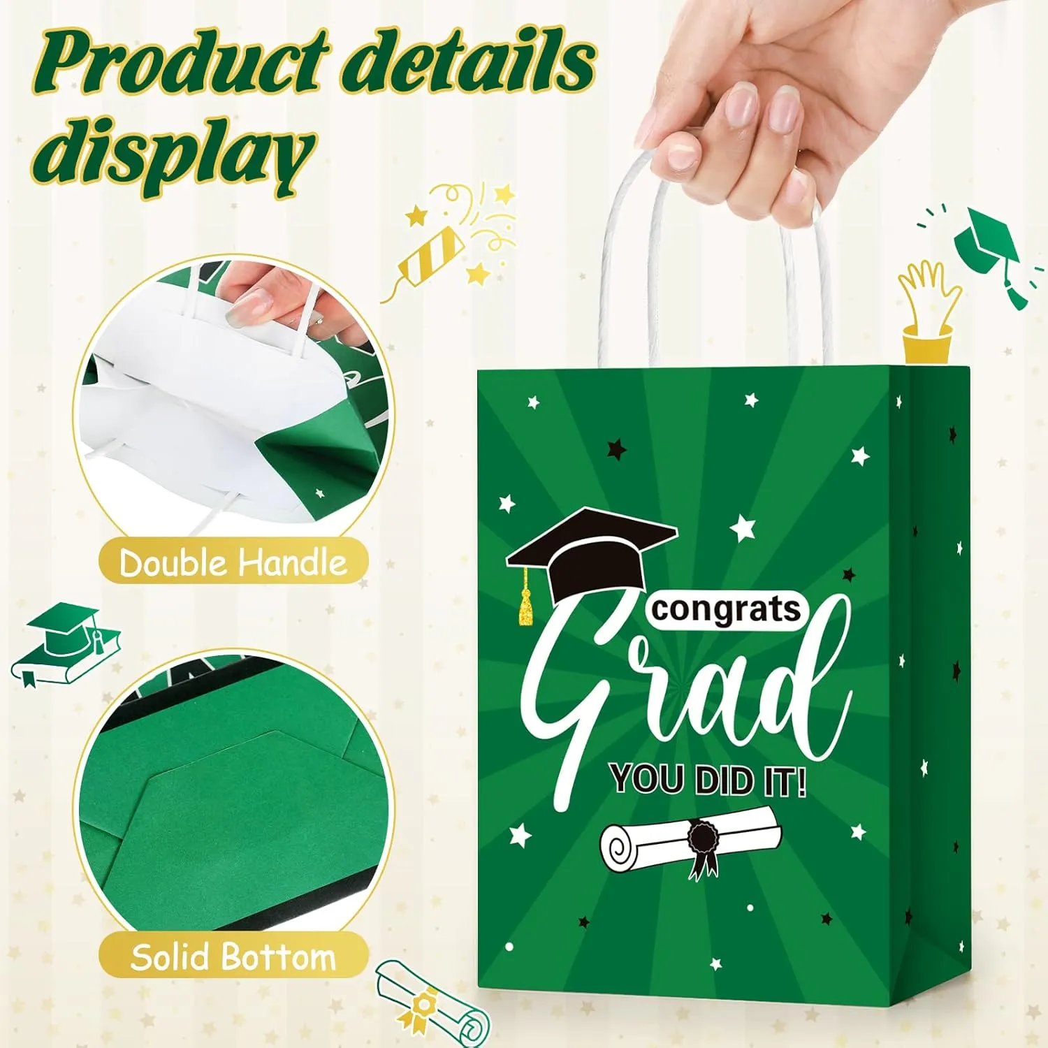 Colarr 24 Pcs Graduation Gift Bags with Tissue Paper 2024 Graduation Party Gift Bags with Handles for High School, College, Kindergarten, 8th Grade and More(Green)