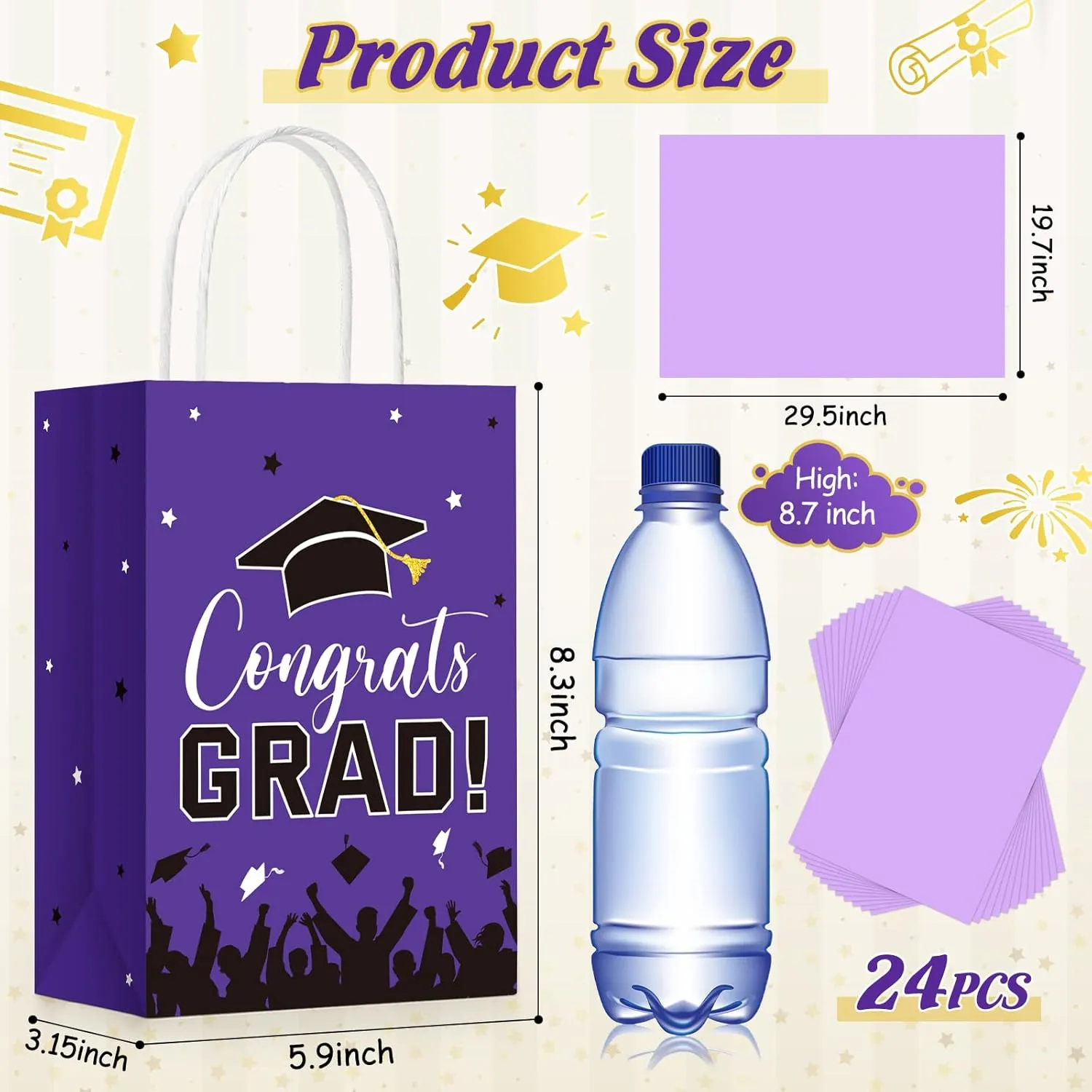Colarr 24 Pcs Graduation Gift Bags with Tissue Paper 2025 Graduation Party Gift Bags with Handles for High School, College, Kindergarten, 8th Grade and More(Purple)