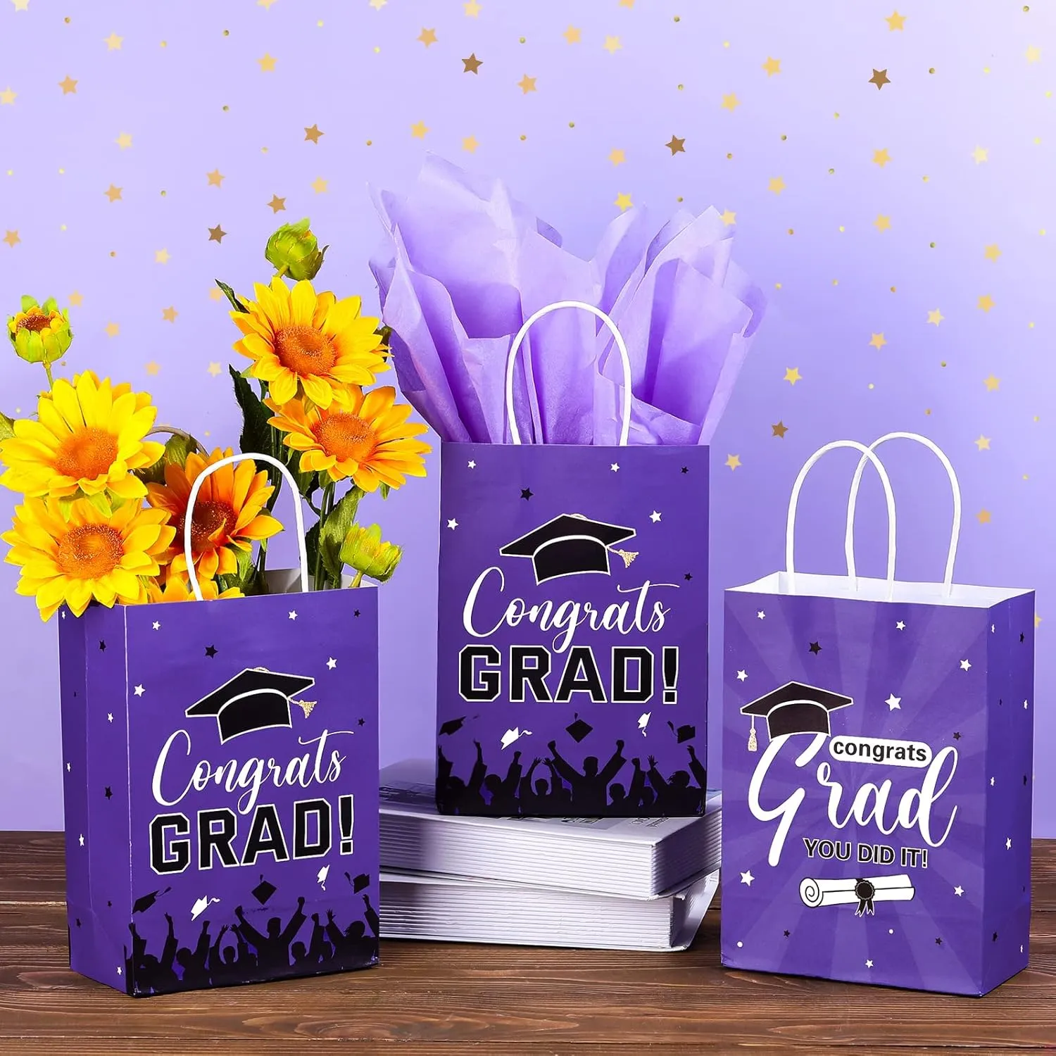 Colarr 24 Pcs Graduation Gift Bags with Tissue Paper 2025 Graduation Party Gift Bags with Handles for High School, College, Kindergarten, 8th Grade and More(Purple)