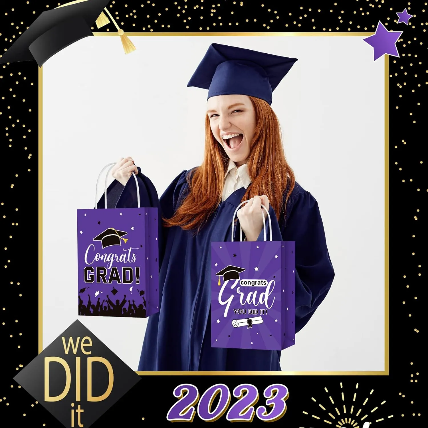 Colarr 24 Pcs Graduation Gift Bags with Tissue Paper 2025 Graduation Party Gift Bags with Handles for High School, College, Kindergarten, 8th Grade and More(Purple)