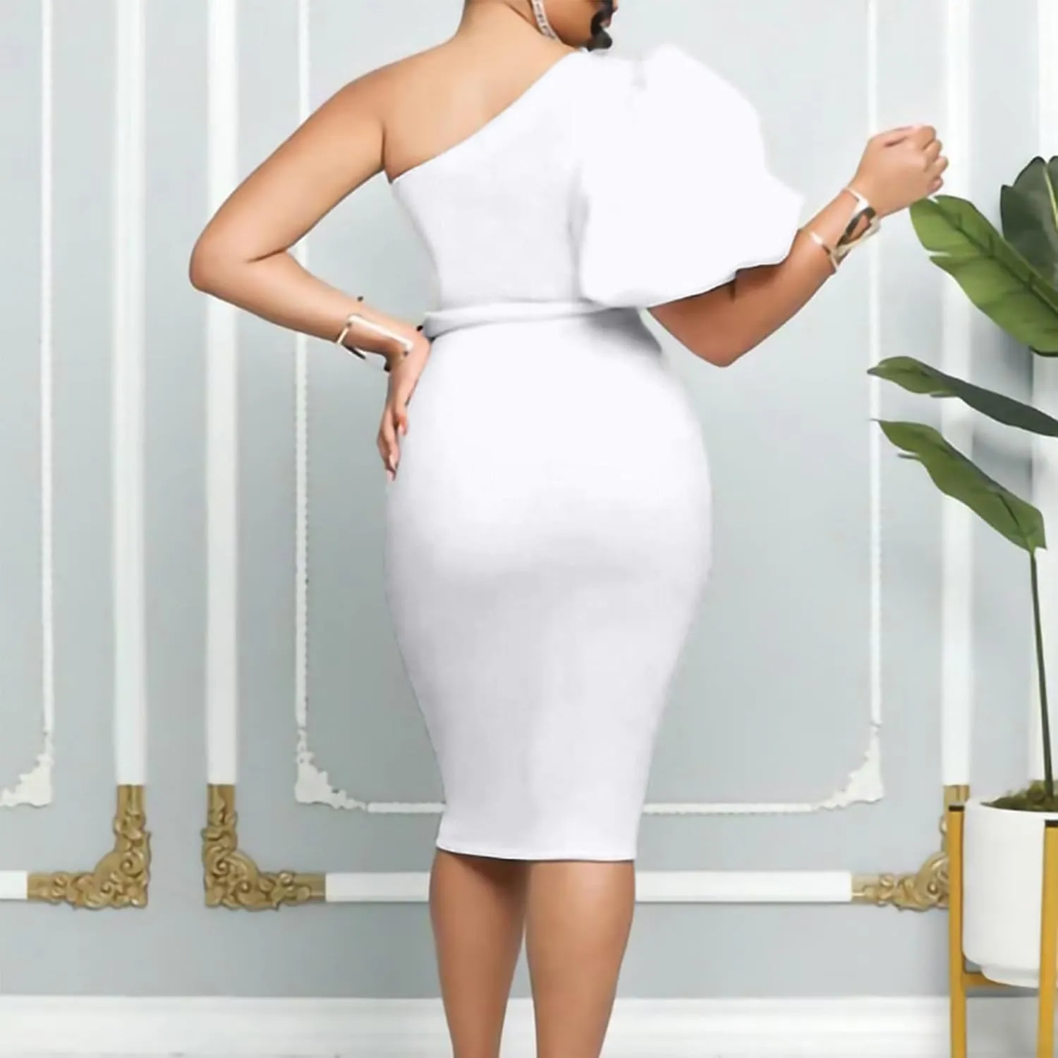 Cololura Women Sexy Elegant V Neck Short Sleeve Slit Ruffle Maxi Dress Formal Pencil Bodycon Midi Dress