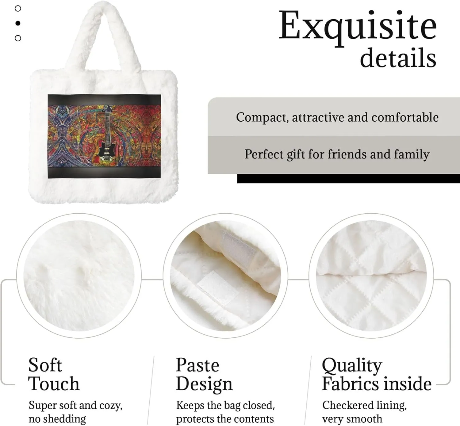 Color Acoustic And Guitar Printing Fluffy Shoulder Bag Ladies Plush Underarm Bag Tote Bag Furry Purse Handbag For Work Travel