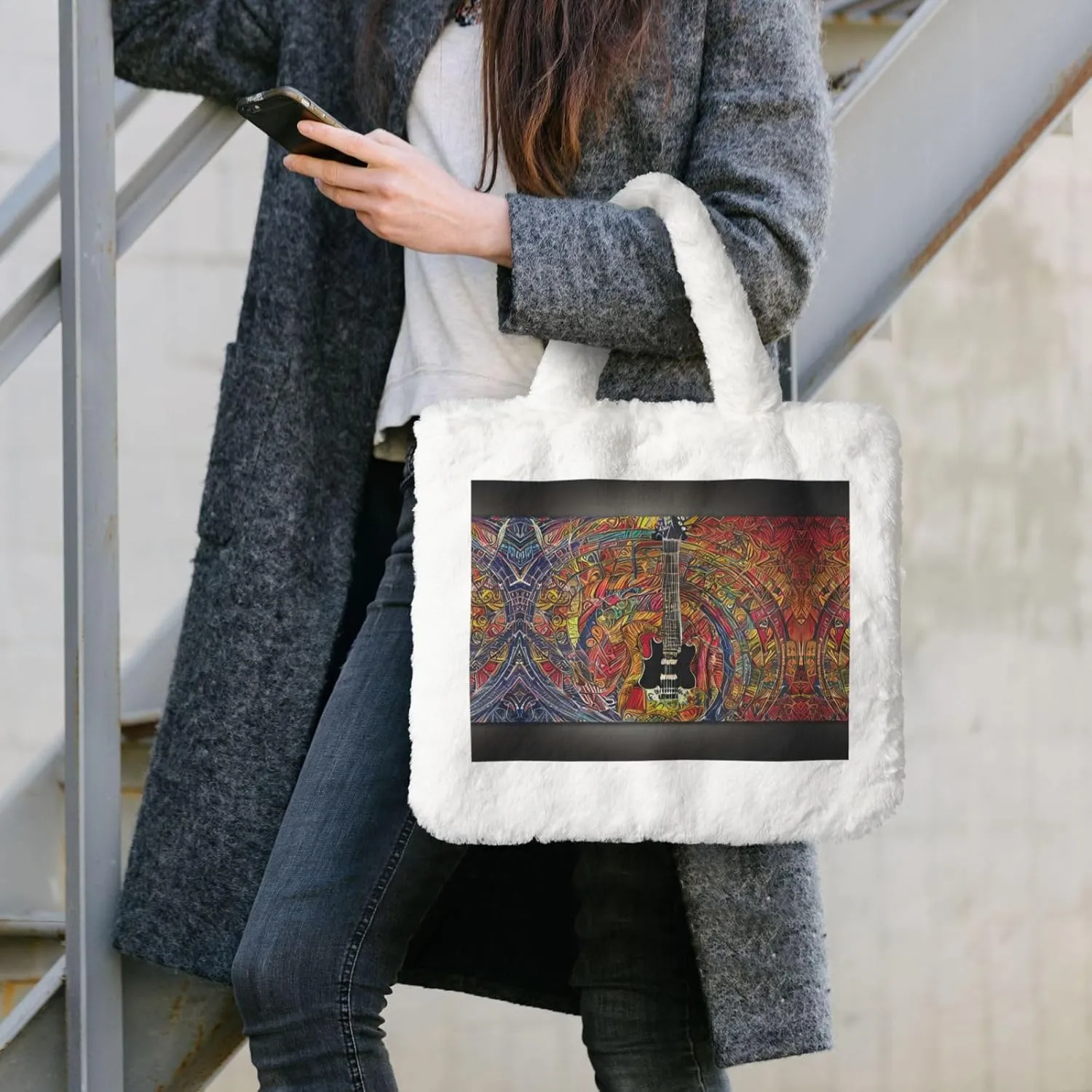 Color Acoustic And Guitar Printing Fluffy Shoulder Bag Ladies Plush Underarm Bag Tote Bag Furry Purse Handbag For Work Travel