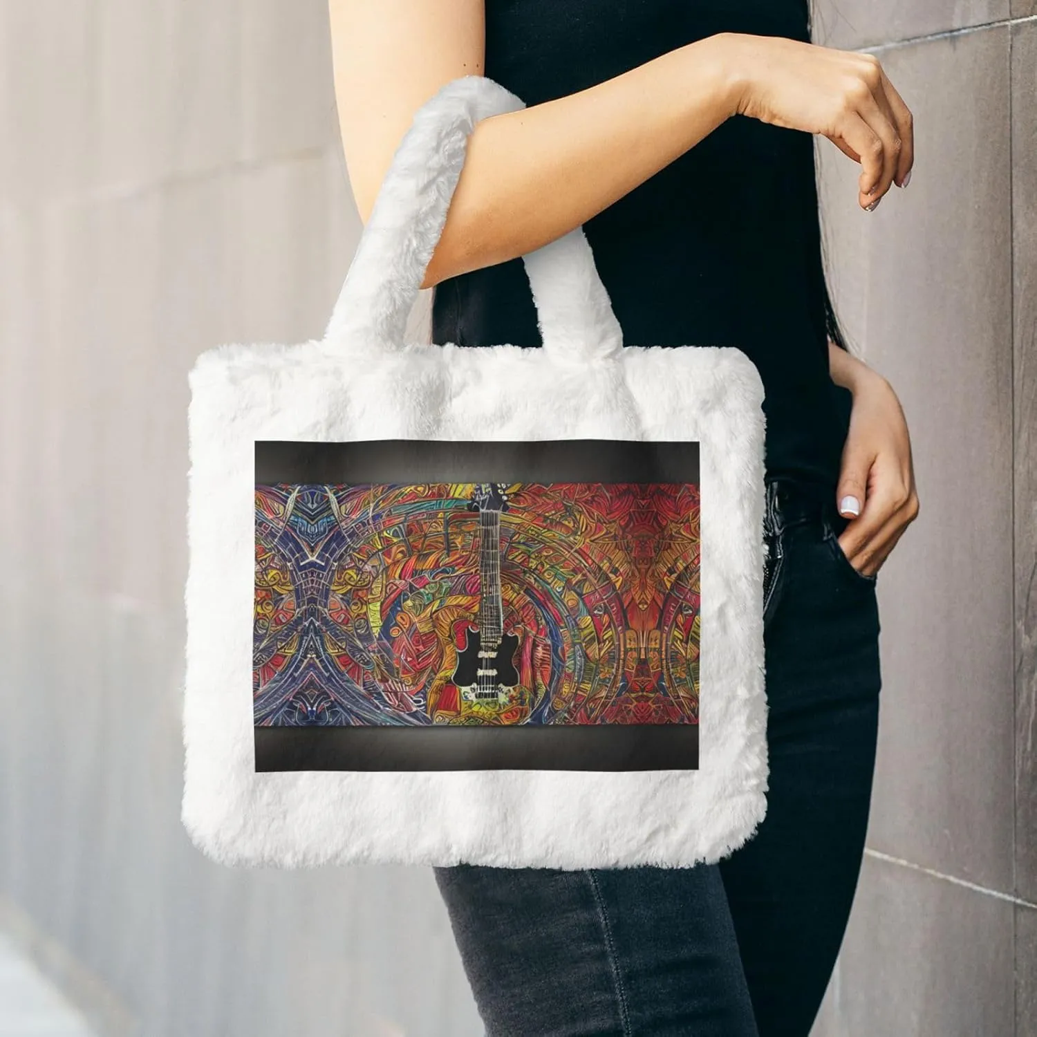 Color Acoustic And Guitar Printing Fluffy Shoulder Bag Ladies Plush Underarm Bag Tote Bag Furry Purse Handbag For Work Travel