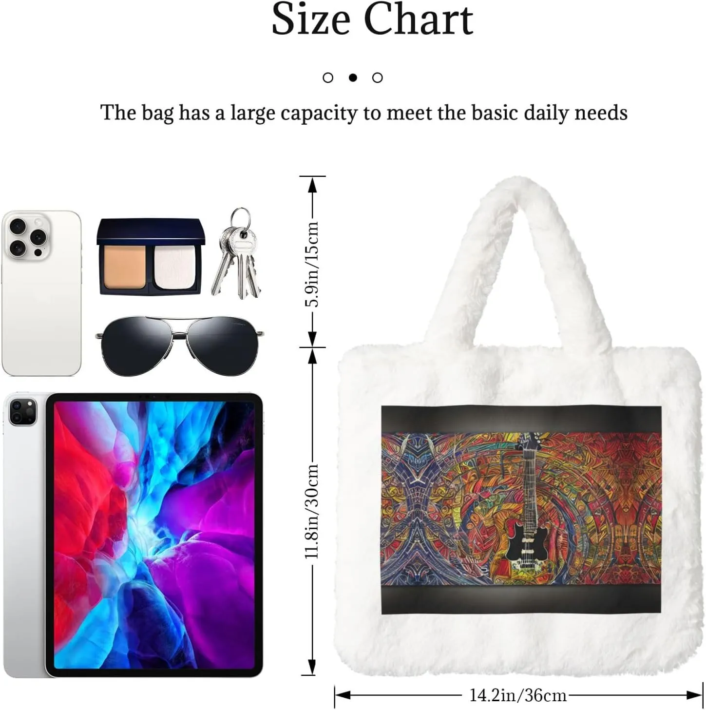 Color Acoustic And Guitar Printing Fluffy Shoulder Bag Ladies Plush Underarm Bag Tote Bag Furry Purse Handbag For Work Travel