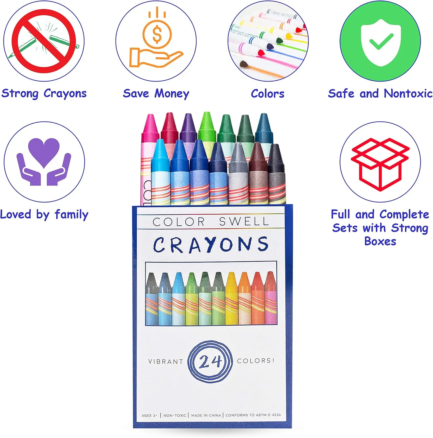 Color Swell Bulk Crayons Packs - 10 Boxes of 24 Vibrant Colors of Teacher Quality Durable Crayons for Home and School
