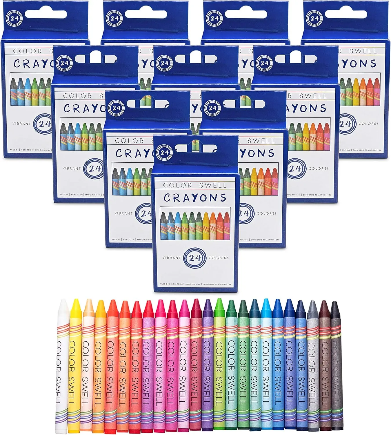Color Swell Bulk Crayons Packs - 10 Boxes of 24 Vibrant Colors of Teacher Quality Durable Crayons for Home and School