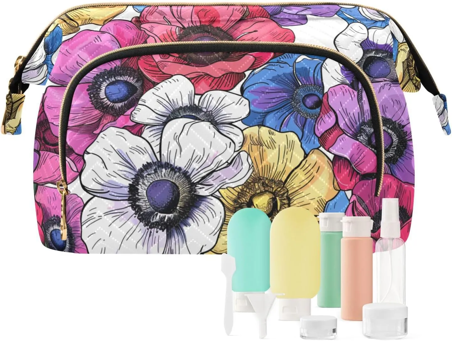 Colorful Anemone Flower Floral Makeup Bag for Women Large Capacity Cosmetic Bags Travel Toiletry Organizer