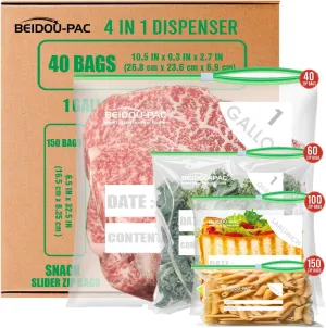 Combo Slider Storage Bags, 350 Count Resealable Variety Pack with Organizer, Reclosable Clear Plastic Snack, Sandwich, Quart,Gallon Size Bags (Variety Pack)