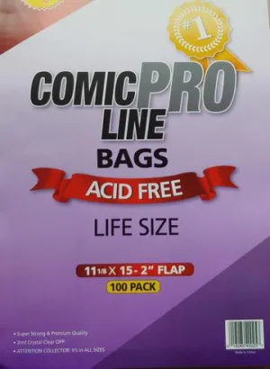 Comic Bags: Life Size 11 1/8 x2 Inches with 2″ flap (100pk)