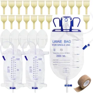 Condom Catheter External Self Sealing Set for Men,20pcs Latex Sets,1pcs 2000ml Catheter Bags,2pcs 1000ml Leg Urine Drainage Bags,5pcs Catheter Stabilization Device,1Tapes(0.98inch/25mm/Small Size)