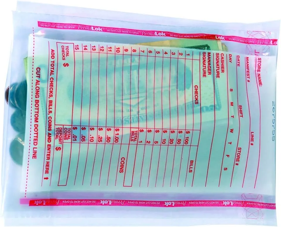 ControlTek PermaLok 5.75" x 8.75", Clear, 1000 Bags, Tamper-Evident Deposit Bags for Cash Handling, Valuables, and Bank Deposits 585013