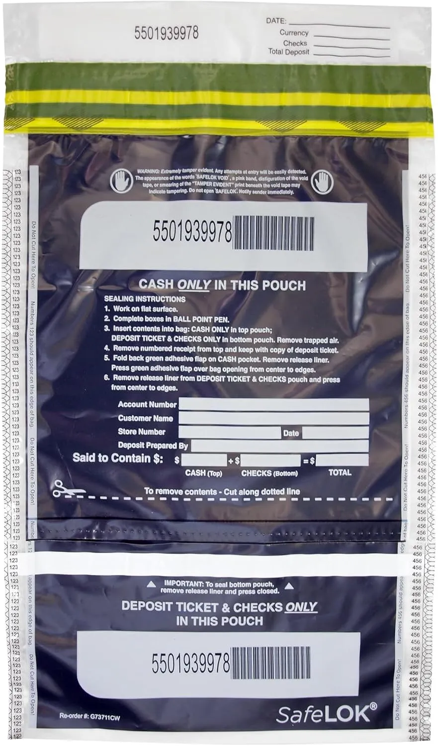 ControlTek SafeLok 10" x 15", Clear,Vertical Twin Deposit, 100 Bags, Tamper-Evident Deposit Bags for Cash Handling, Moisture, Heat and Cold Sensitive Ink, Tear-off receipt   Large Barcodes 585092