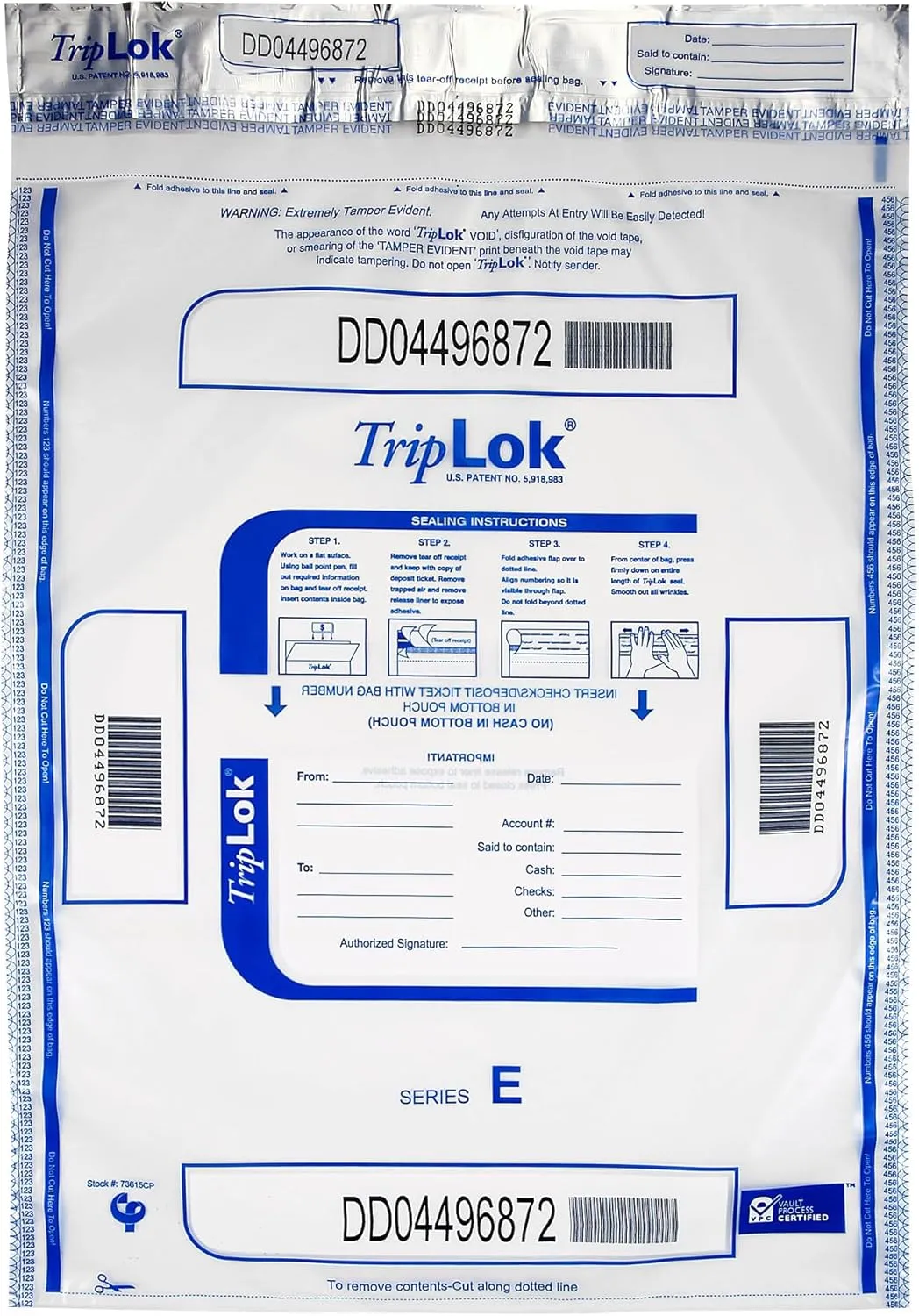 ControlTek TripLOK Tamper-Evident Deposit Bags for Cash Handling & Valuables, Moisture, Heat and Cold Sensitive Ink , Tear-off receipt   Large Barcodes, 15" x 20", Clear with Pocket, 50 Bags 585051