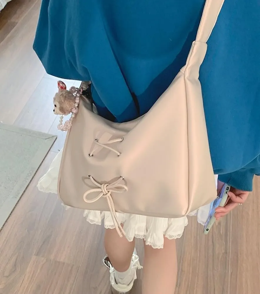 Coquette Crossbody Bag Women Bow Tie Pearl Luster Balletcore Shoulder Bag Soft Leather Adjustable Hobo Bag Tote Bags