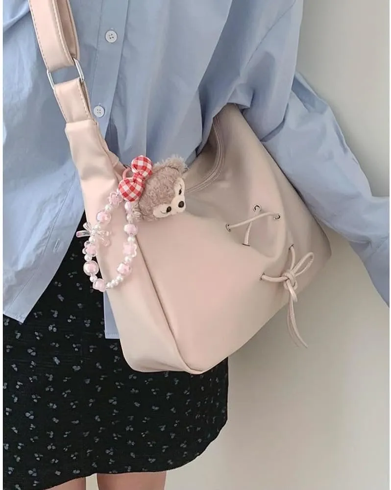 Coquette Crossbody Bag Women Bow Tie Pearl Luster Balletcore Shoulder Bag Soft Leather Adjustable Hobo Bag Tote Bags