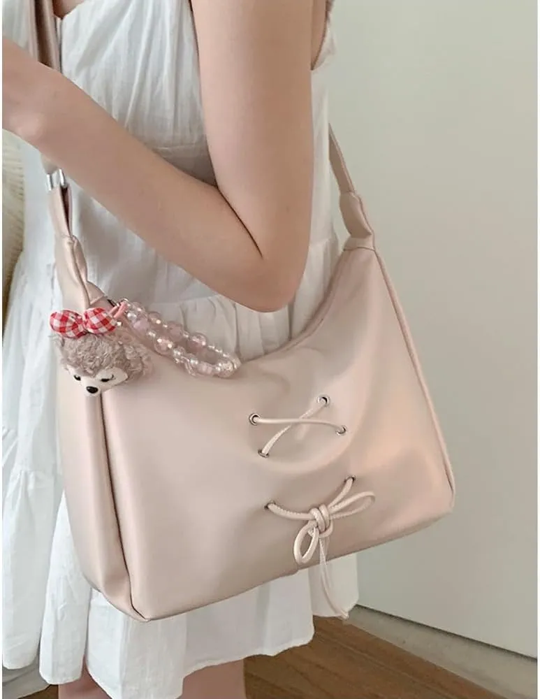 Coquette Crossbody Bag Women Bow Tie Pearl Luster Balletcore Shoulder Bag Soft Leather Adjustable Hobo Bag Tote Bags