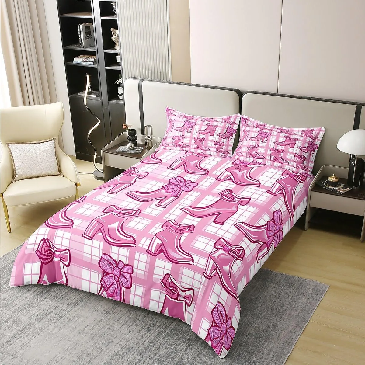 Cowboy Boot Duvet Cover Queen Size Pink Cherry Bows 100% Cotton Bedding Sets for Girls Kids European Princess Comforter Cover Geometry Stripes Bedspread Cover Bowknots Beddings