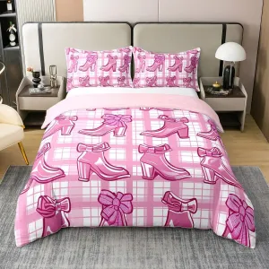 Cowboy Boot Duvet Cover Queen Size Pink Cherry Bows 100% Cotton Bedding Sets for Girls Kids European Princess Comforter Cover Geometry Stripes Bedspread Cover Bowknots Beddings