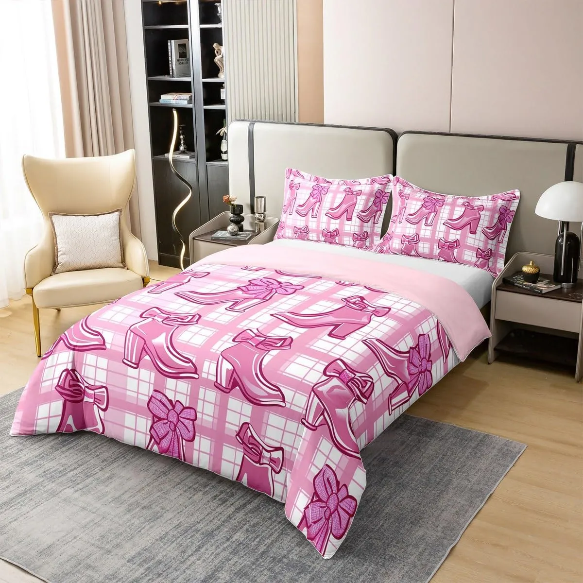 Cowboy Boot Duvet Cover Queen Size Pink Cherry Bows 100% Cotton Bedding Sets for Girls Kids European Princess Comforter Cover Geometry Stripes Bedspread Cover Bowknots Beddings