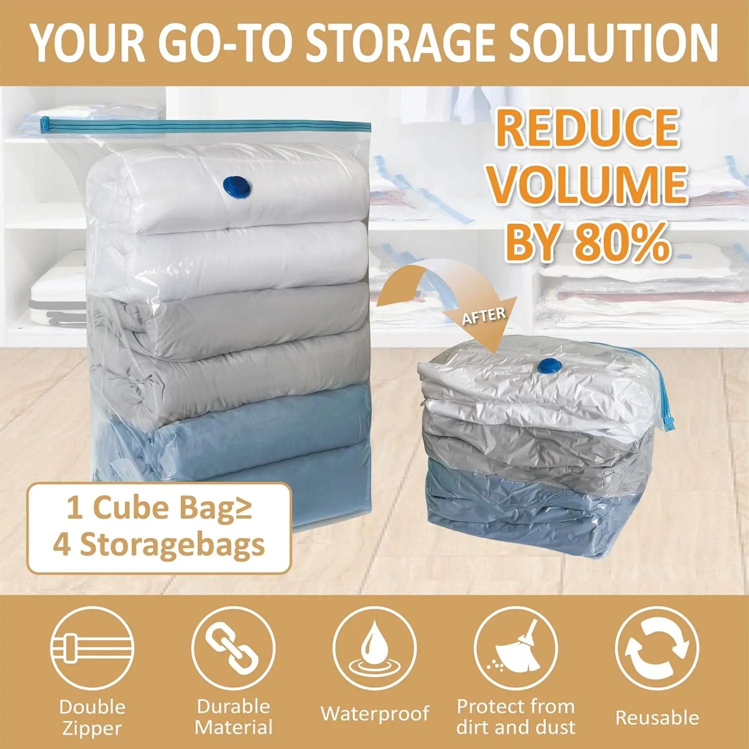 Cozy Essential 5 Pack Cube Vacuum Storage Bags, Jumbo Cubes for Sealed, Extra Large Space Saver Bags Bedding, Clothes, Comforters, Blanket, Duvets (Cube Sized), Transparent