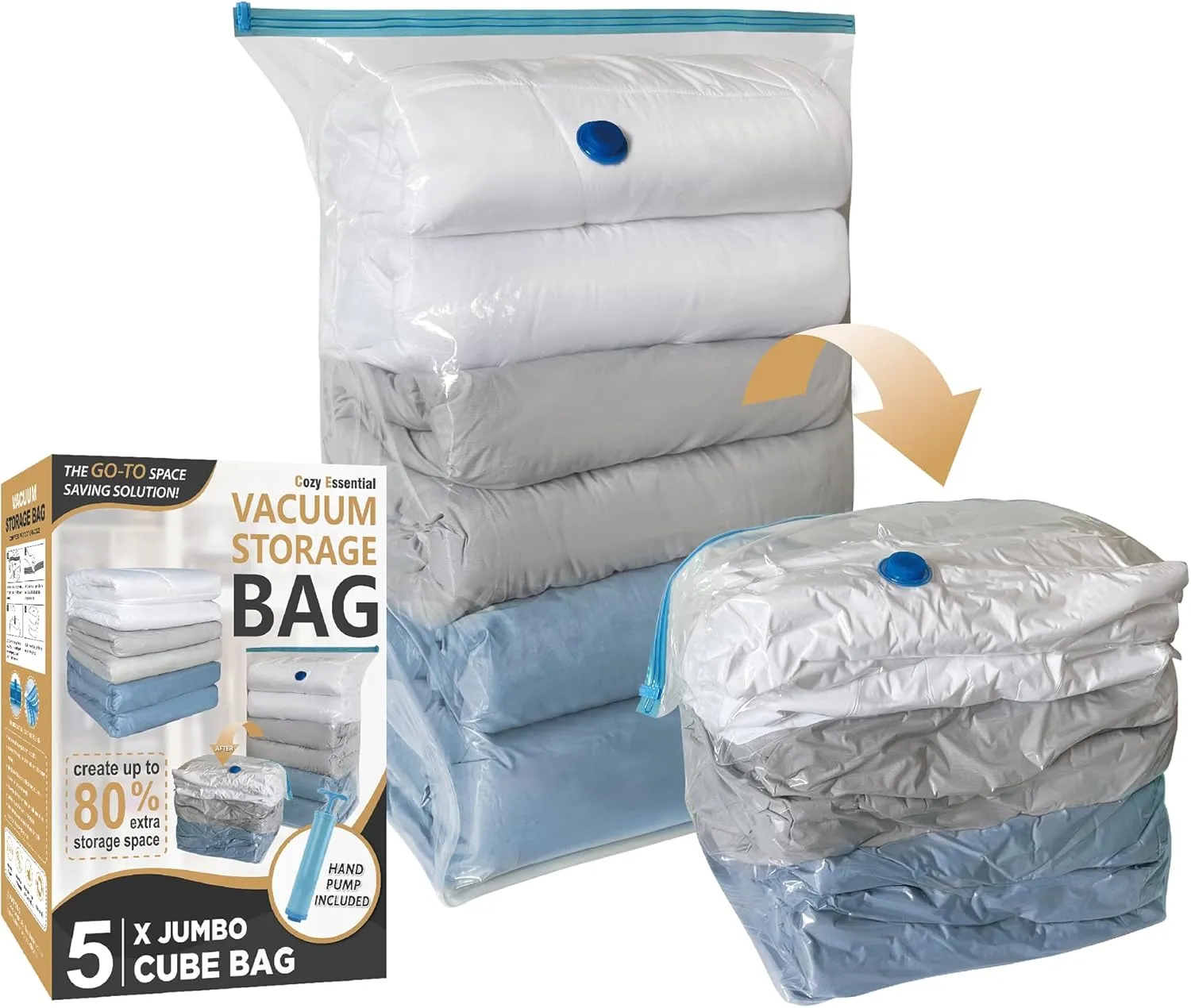 Cozy Essential 5 Pack Cube Vacuum Storage Bags, Jumbo Cubes for Sealed, Extra Large Space Saver Bags Bedding, Clothes, Comforters, Blanket, Duvets (Cube Sized), Transparent