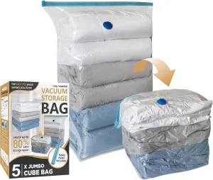 Cozy Essential 5 Pack Cube Vacuum Storage Bags, Jumbo Cubes for Sealed, Extra Large Space Saver Bags Bedding, Clothes, Comforters, Blanket, Duvets (Cube Sized), Transparent