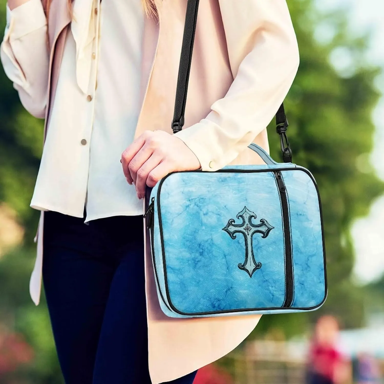 Cross Floral Print Bible Cover - Polyester Bible Case for Women - Bible Carrier Small Bible Cover with Shoulder Strap