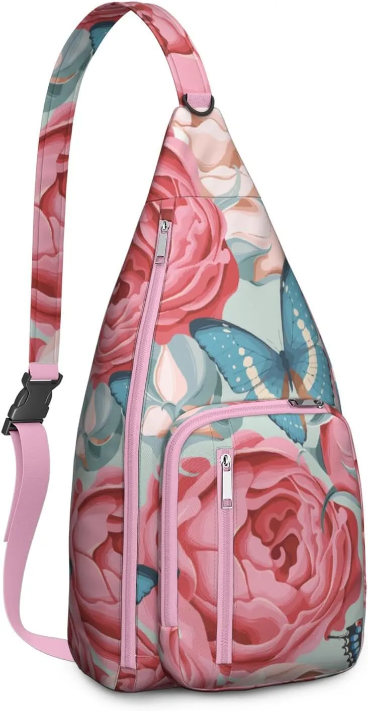 Crossbody Sling Bag for Women & Men Floral Lightweight Shoulder Chest Bag Hiking Travel Casual Chest Bags Sling Backpack Water Resistant Shoulder Daypack for Travel