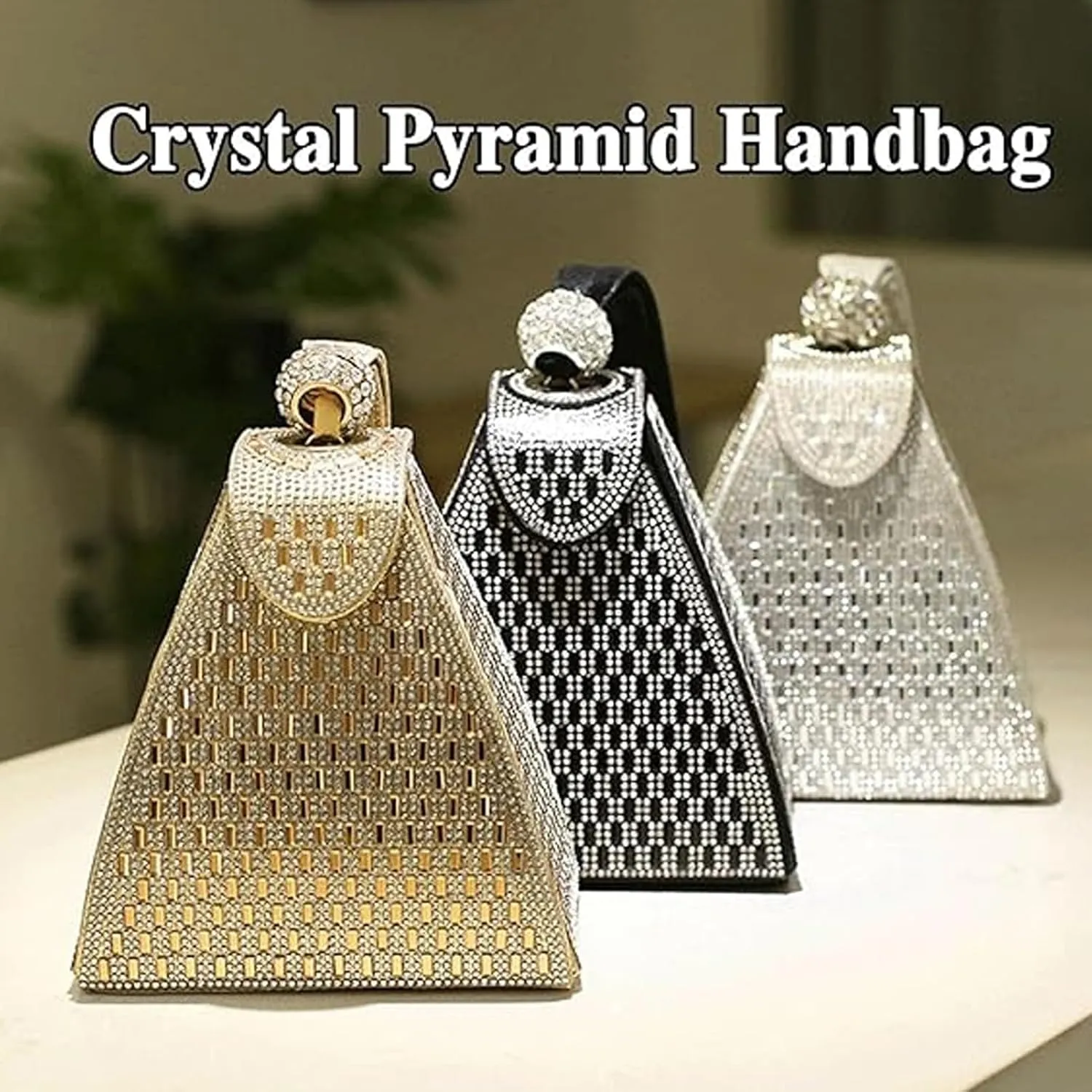 Crystal Pyramid Handbag, Rhinestones Luxury Evening Bags Fashion Evening Handbag Purse Cocktail Wedding Triangle Bag(Gold)