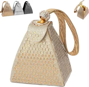 Crystal Pyramid Handbag, Rhinestones Luxury Evening Bags Fashion Evening Handbag Purse Cocktail Wedding Triangle Bag(Gold)