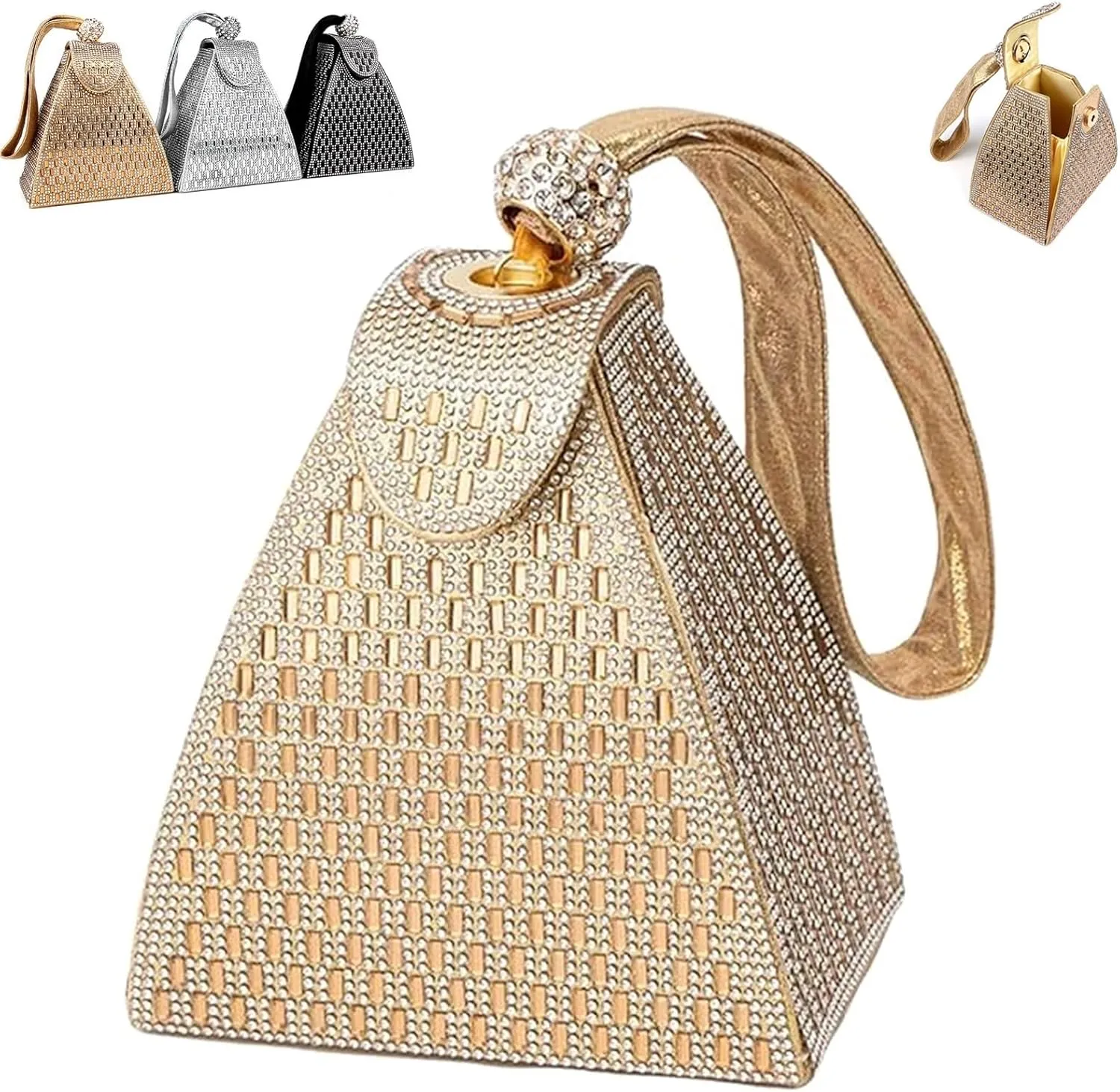 Crystal Pyramid Handbag, Rhinestones Luxury Evening Bags Fashion Evening Handbag Purse Cocktail Wedding Triangle Bag(Gold)
