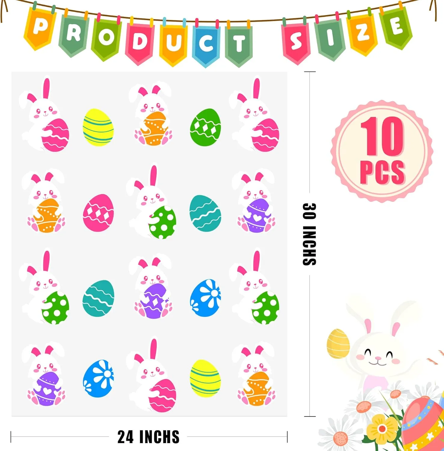 CUDICY Easter Bags 10pcs Large Cellophane Bags 24x30 Inch Cellophane Wrap for Gift Baskets Plastic Gift Wrapping Clear Gift Bags (Easter eggs, Bunny)
