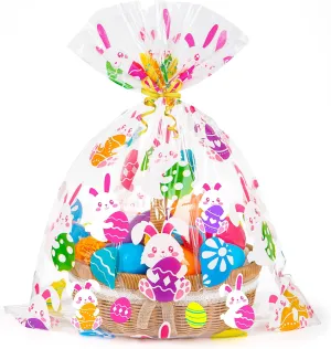 CUDICY Easter Bags 10pcs Large Cellophane Bags 24x30 Inch Cellophane Wrap for Gift Baskets Plastic Gift Wrapping Clear Gift Bags (Easter eggs, Bunny)