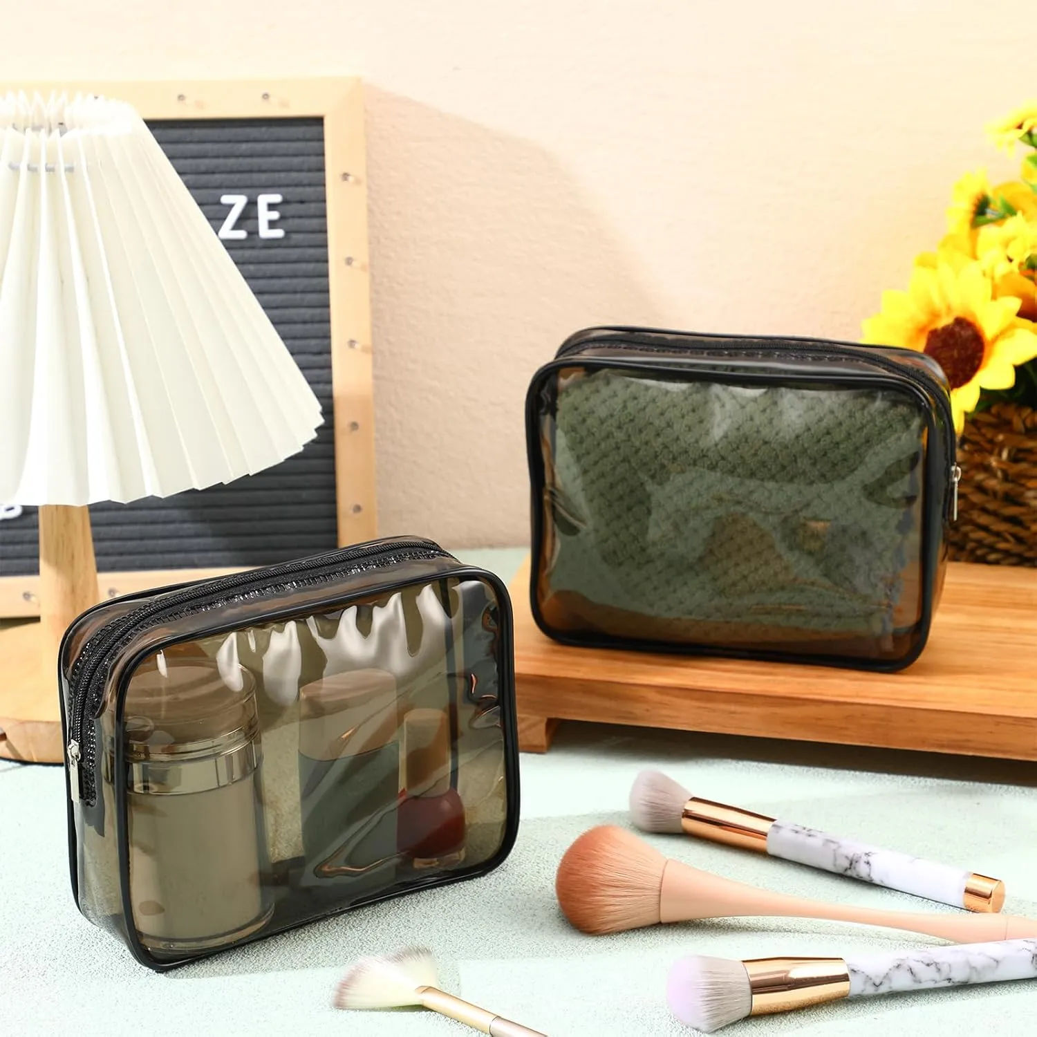 Cunno 60 Pcs Clear Toiletry Bag TSA Approved Cosmetic Bag Bulk Makeup Bag Travel Carry Airport Airline Compliant Bag for Women Men Summer Vacation Salon Mother Gift(Dark Black)