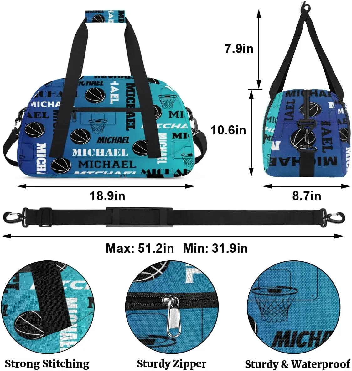 Custom Basketball Gym Duffel Bag for Women Men, Personalized Name Sport Bag Overnight Bags Customized Travel Weekender Bag, Blue
