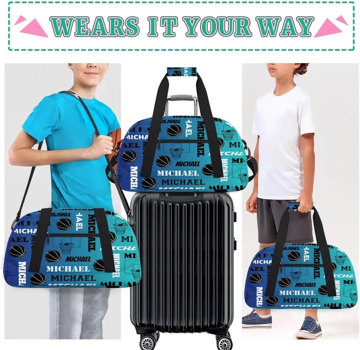Custom Basketball Gym Duffel Bag for Women Men, Personalized Name Sport Bag Overnight Bags Customized Travel Weekender Bag, Blue