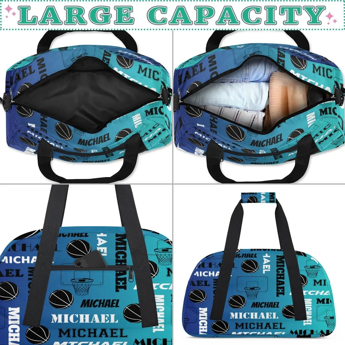 Custom Basketball Gym Duffel Bag for Women Men, Personalized Name Sport Bag Overnight Bags Customized Travel Weekender Bag, Blue