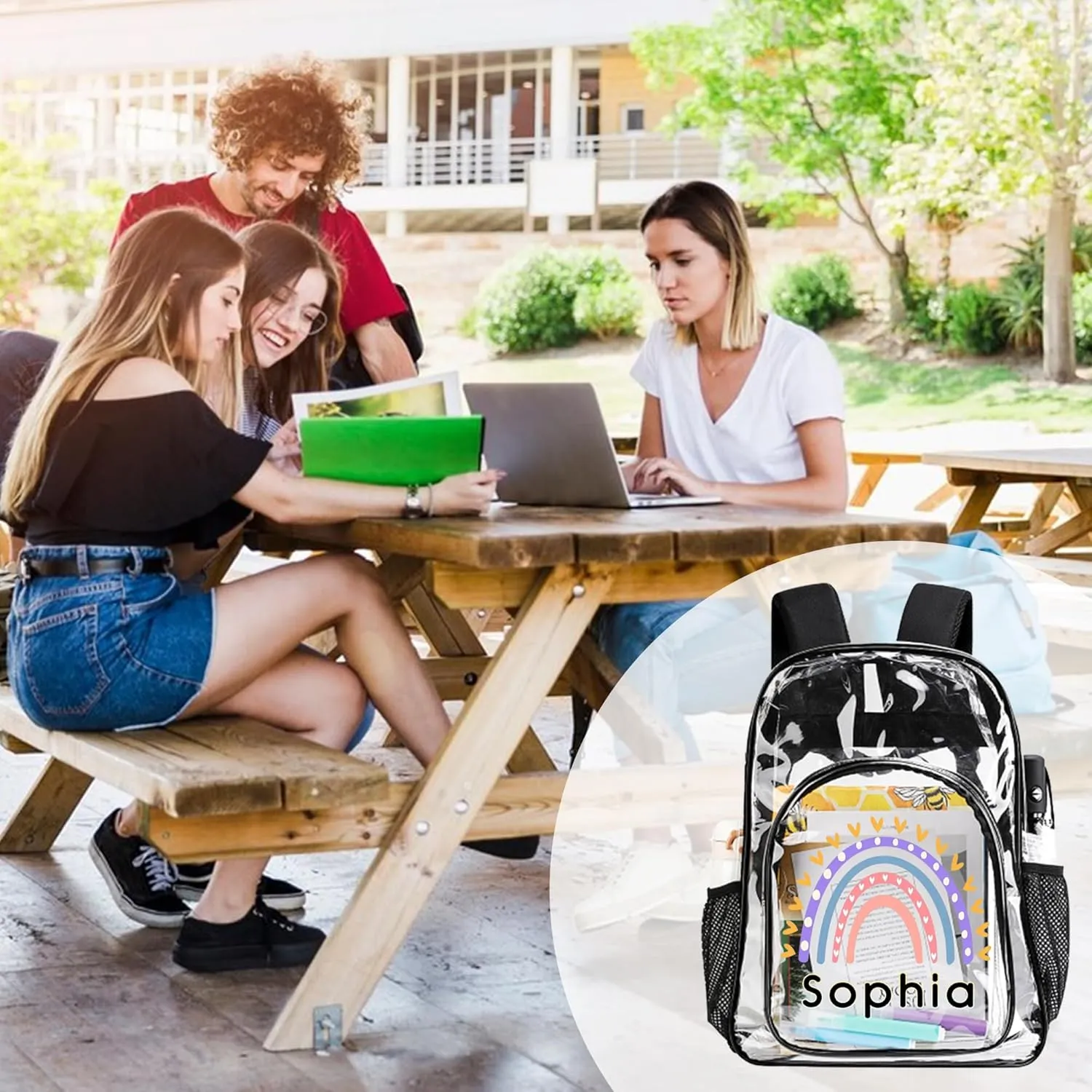Custom Rainbow Clear Backpack with Name, Personalized Clear Bookbag for Boys Girls, PVC Transparent Waterproof Backpack with Reinforced Strap & Large Capacity, Back to School Gifts for Kids