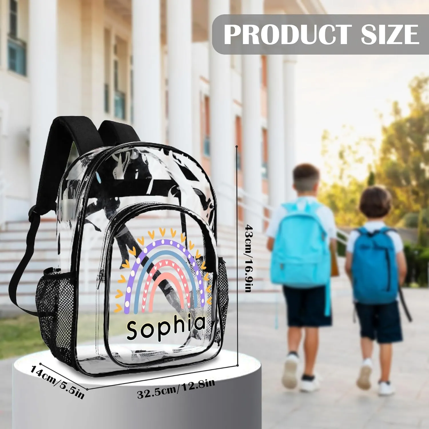 Custom Rainbow Clear Backpack with Name, Personalized Clear Bookbag for Boys Girls, PVC Transparent Waterproof Backpack with Reinforced Strap & Large Capacity, Back to School Gifts for Kids