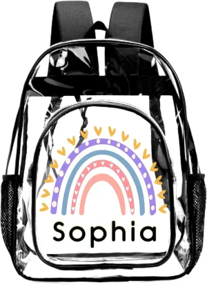 Custom Rainbow Clear Backpack with Name, Personalized Clear Bookbag for Boys Girls, PVC Transparent Waterproof Backpack with Reinforced Strap & Large Capacity, Back to School Gifts for Kids
