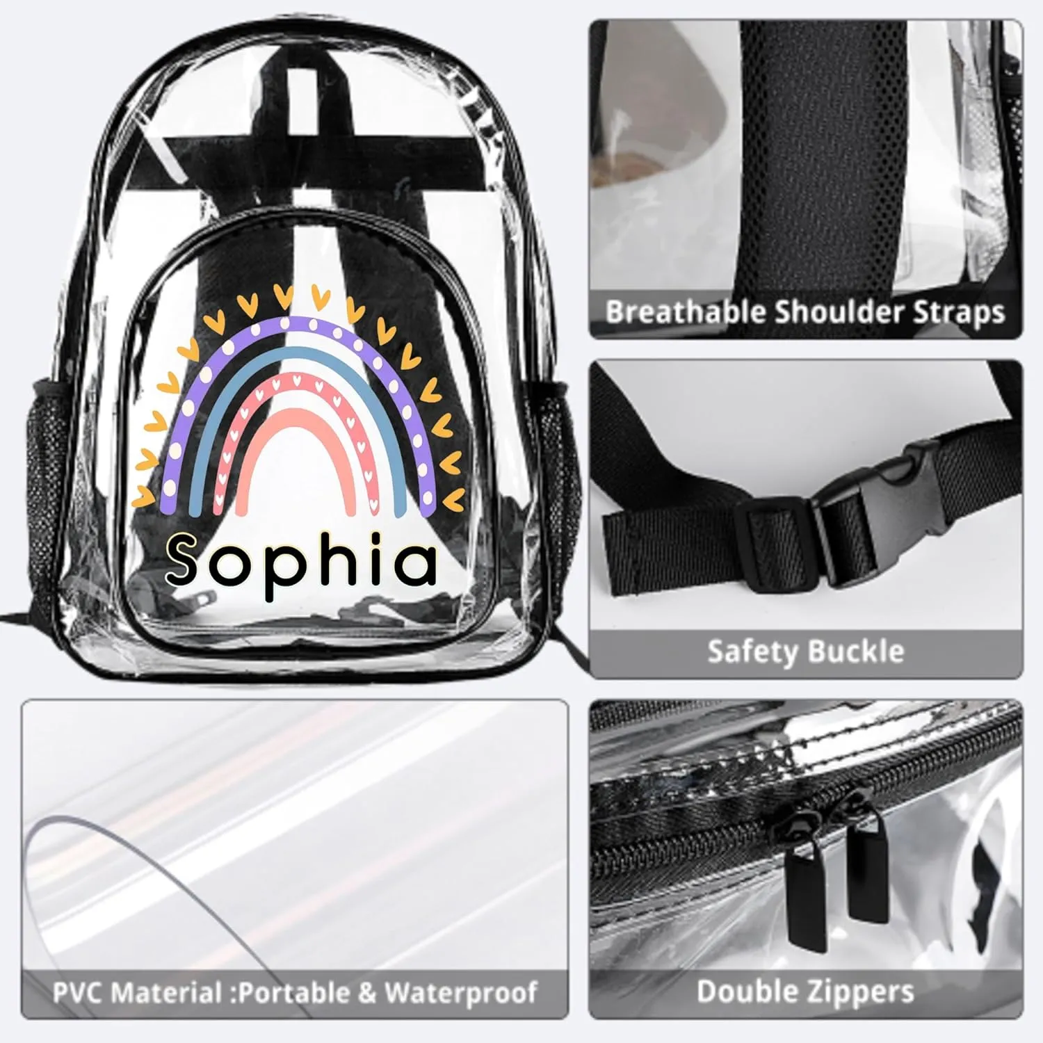 Custom Rainbow Clear Backpack with Name, Personalized Clear Bookbag for Boys Girls, PVC Transparent Waterproof Backpack with Reinforced Strap & Large Capacity, Back to School Gifts for Kids