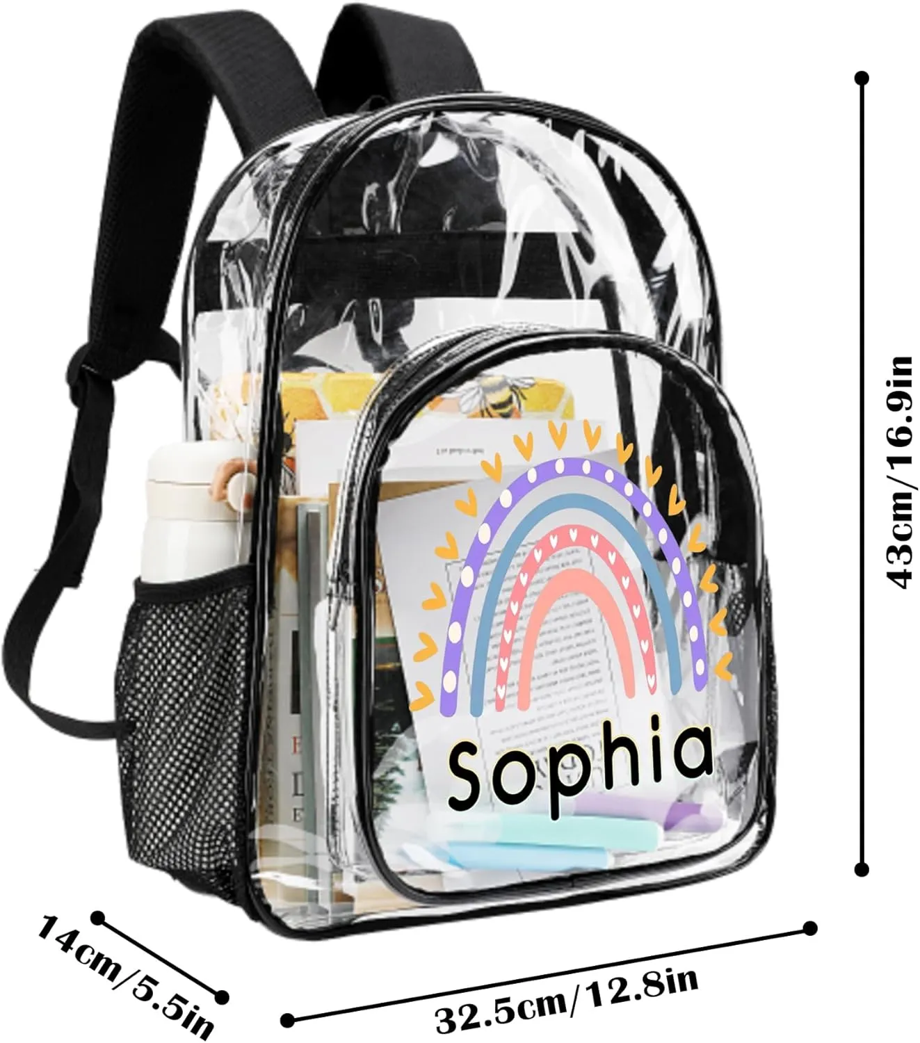 Custom Rainbow Clear Backpack with Name, Personalized Clear Bookbag for Boys Girls, PVC Transparent Waterproof Backpack with Reinforced Strap & Large Capacity, Back to School Gifts for Kids