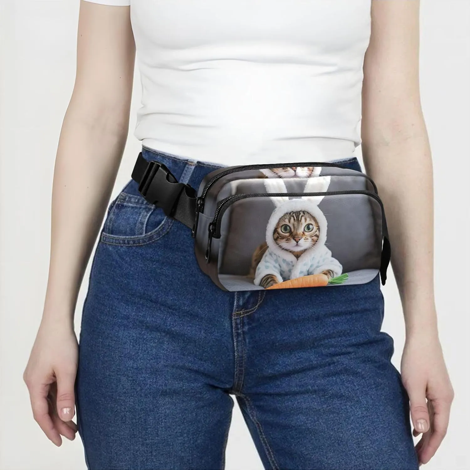 Cute Bunny Cat Easter Waterproof Womens Fanny Pack Belt Bags Hip Pack Trendy Crossbody Waist Purse