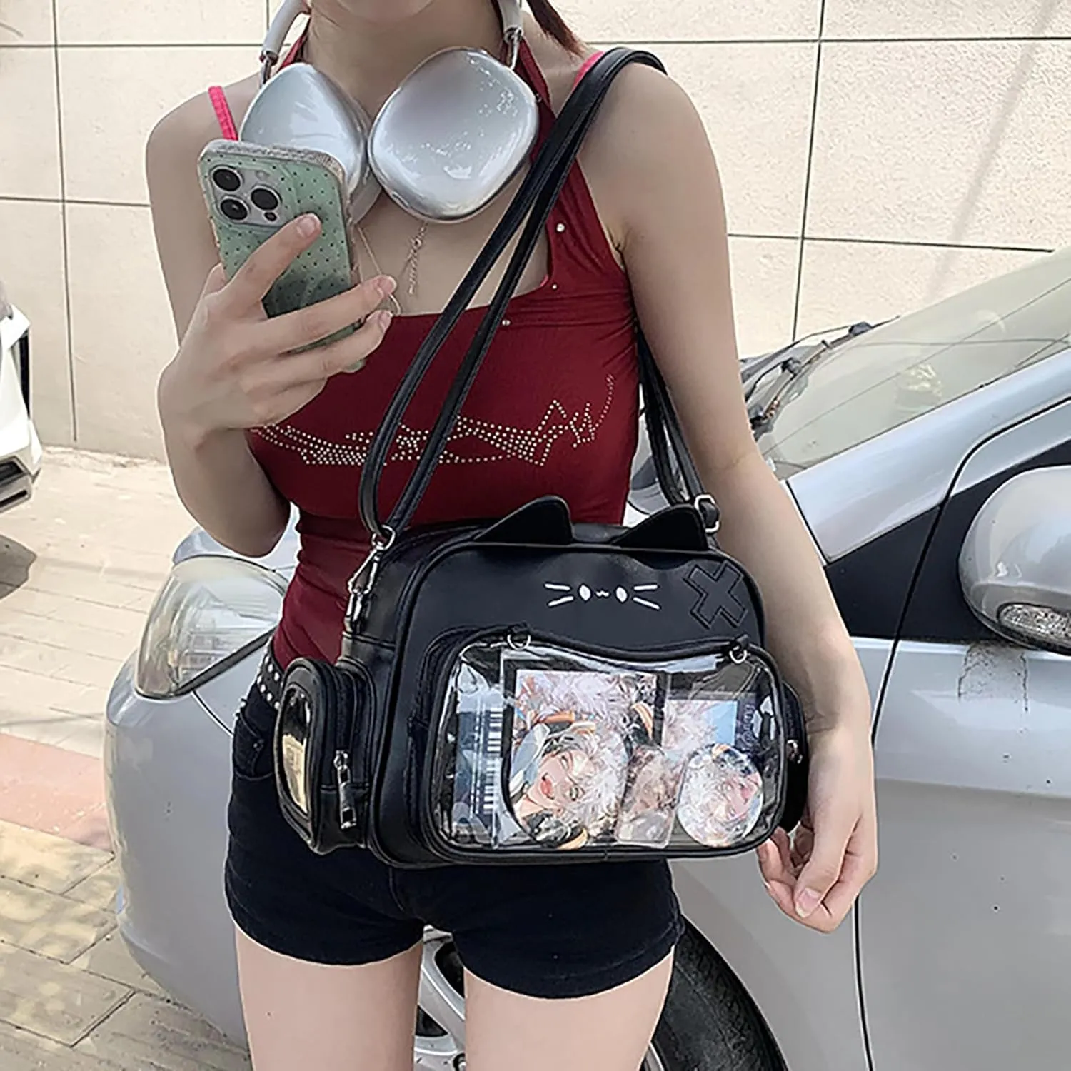 Cute Cat Ita Bag Backpack Crossbody Bag for Girls Kawaii Shoulder Bags Pin Display Backpack with Insert (Black)