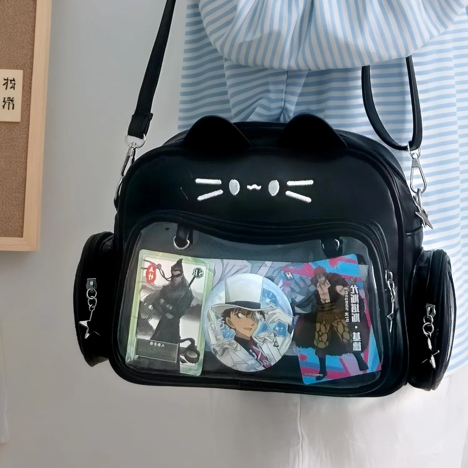 Cute Cat Ita Bag Backpack Crossbody Bag for Girls Kawaii Shoulder Bags Pin Display Backpack with Insert (Black)
