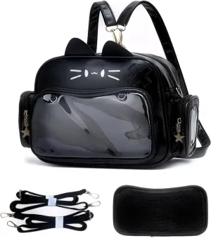Cute Cat Ita Bag Backpack Crossbody Bag for Girls Kawaii Shoulder Bags Pin Display Backpack with Insert (Black)