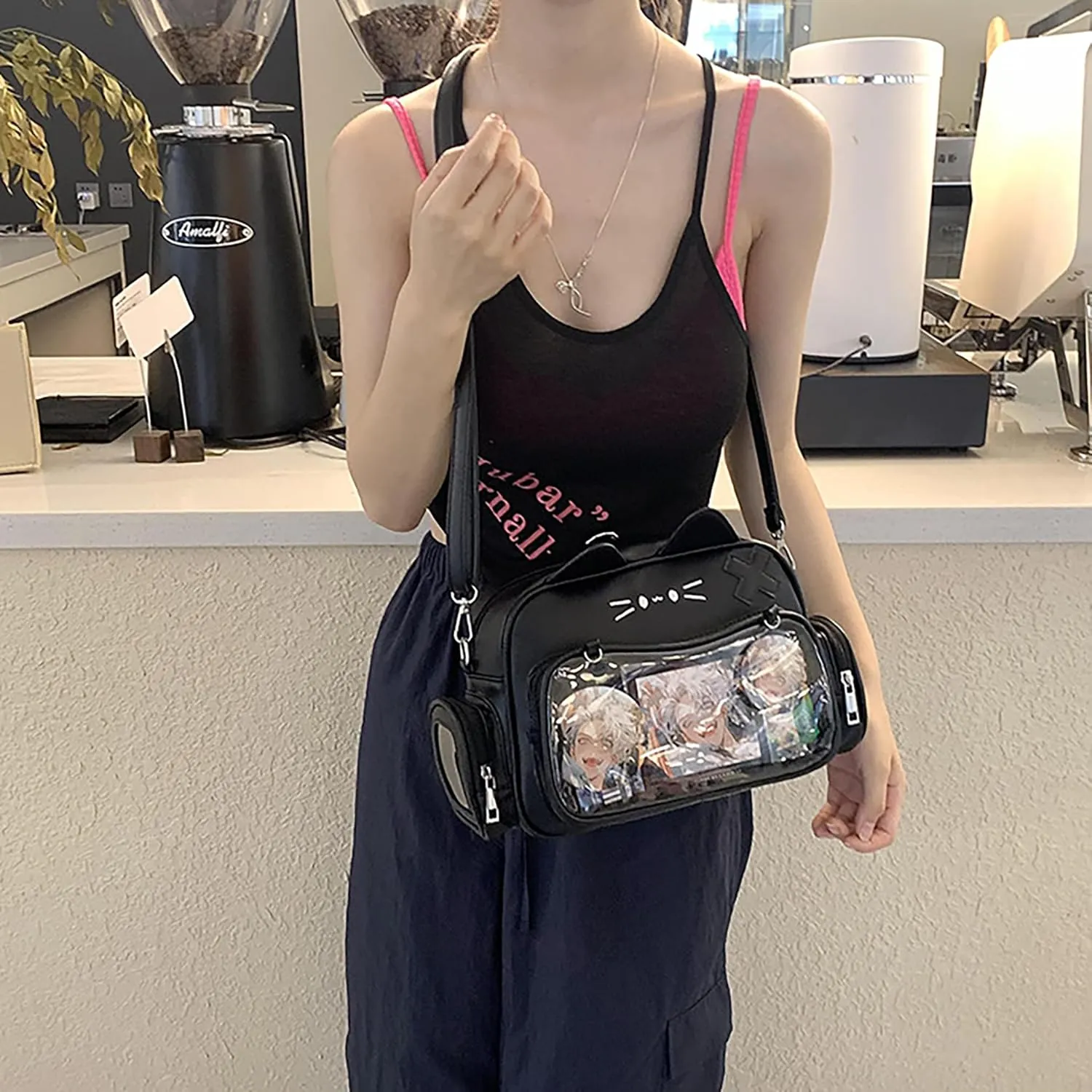 Cute Cat Ita Bag Backpack Crossbody Bag for Girls Kawaii Shoulder Bags Pin Display Backpack with Insert (Black)