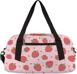 Cute Fruit Strawberry Kids Duffle Bag for Boys Girls Dance Bag,Red Love Heart Sport Gym Bags Overnight Travel Bags Teen Kids Weekender Bag for School Practice Gymnastic Ballet