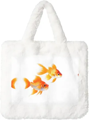 Cute Goldfishes Printing Fluffy Shoulder Bag Ladies Plush Underarm Bag Tote Bag Furry Purse Handbag For Work Travel
